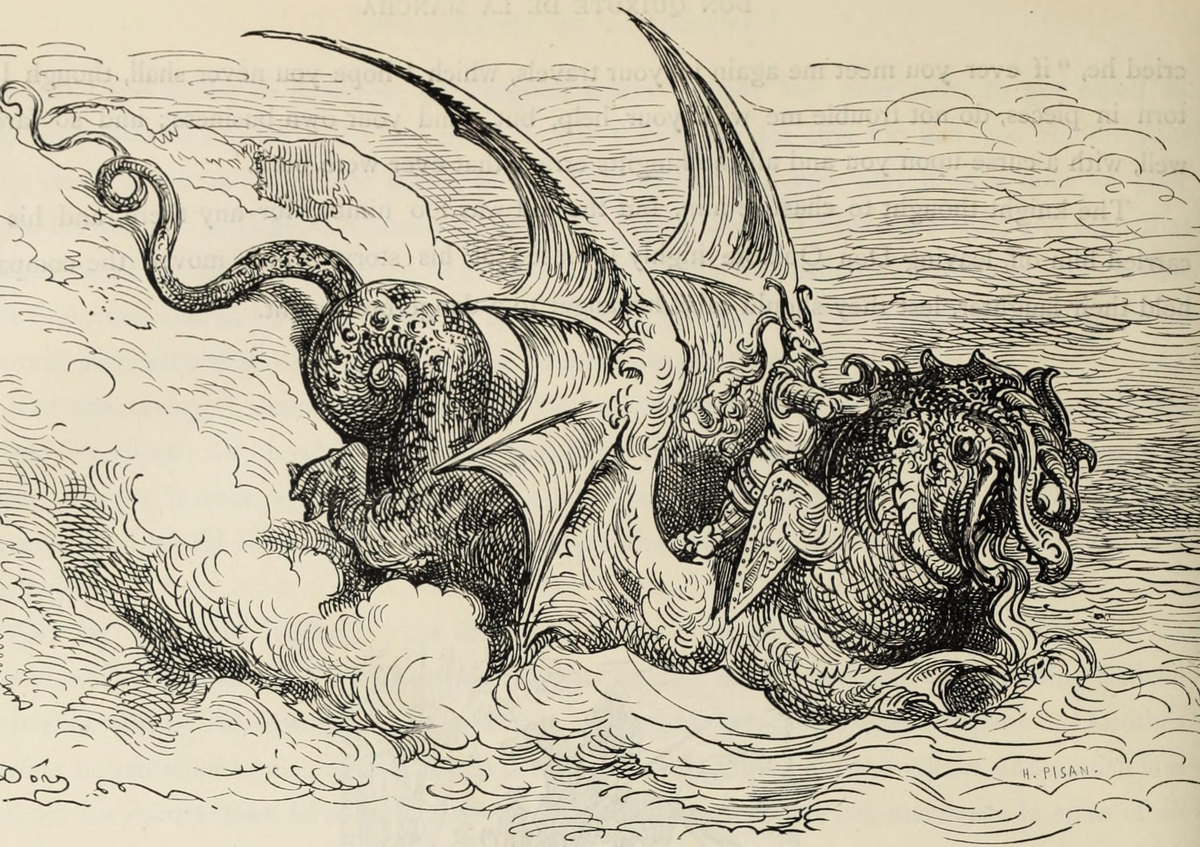 Engraving by Gustave Doré: a knight and a winged dragon in the clouds, the fantasy of the books of chivalry.