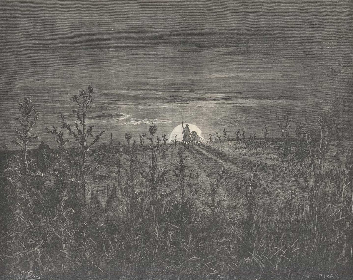 Engraving by Gustave Doré: Don Quixote and Sancho riding through the dark countryside before dawn.