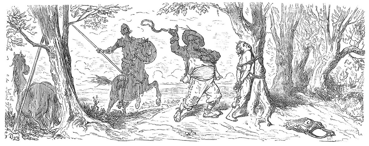Engraving by Gustave Doré: a knight on horseback confronting a farmer who is whipping a boy tied to a tree.