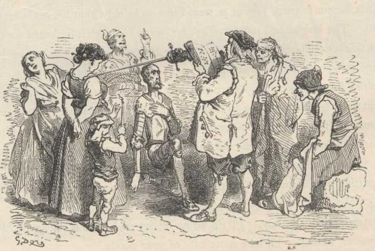 Engraving by Gustave Doré: the innkeeper dubbing Don Quixote a knight with his sword while women buckle on his spur.