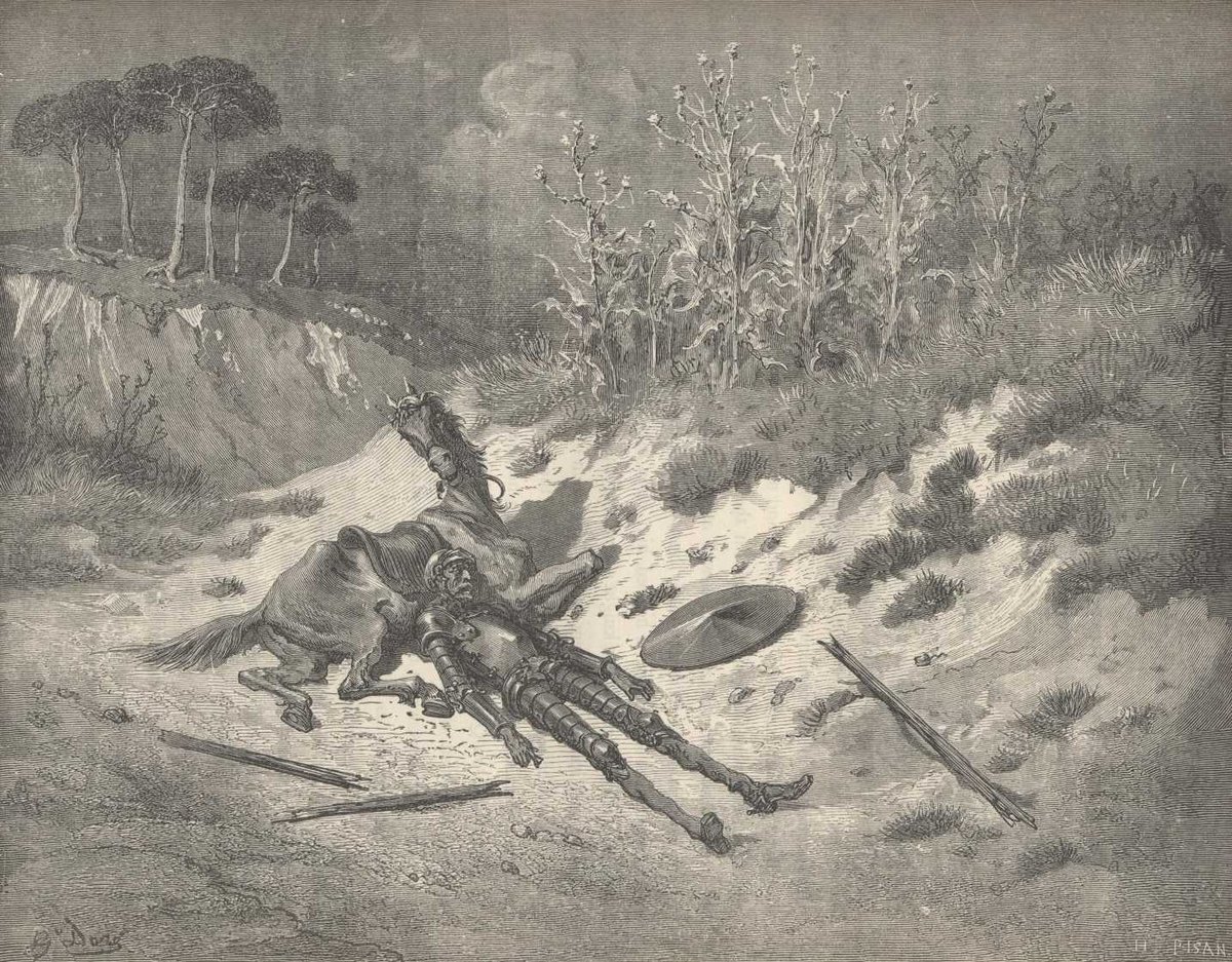 Engraving by Gustave Doré: Don Quixote lying in the dirt beside his fallen horse, his armour, lance and shield scattered around him on an empty hillside.