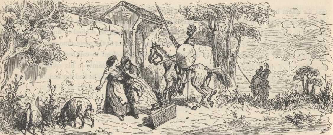 Engraving by Gustave Doré: Don Quixote riding away from his house with lance and shield while two women run after him, goats grazing in the yard and a farmhouse gate behind.