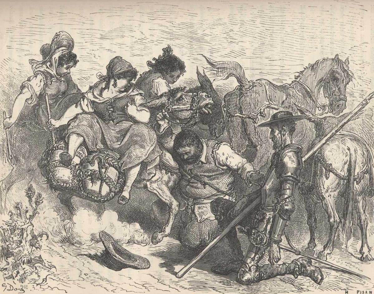 Engraving by Gustave Doré: Sancho Panza kneeling before a peasant girl on a donkey, presenting her to Don Quixote as the enchanted Dulcinea.