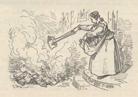Engraving by Gustave Doré: the housekeeper burning an armful of books of chivalry on a bonfire.