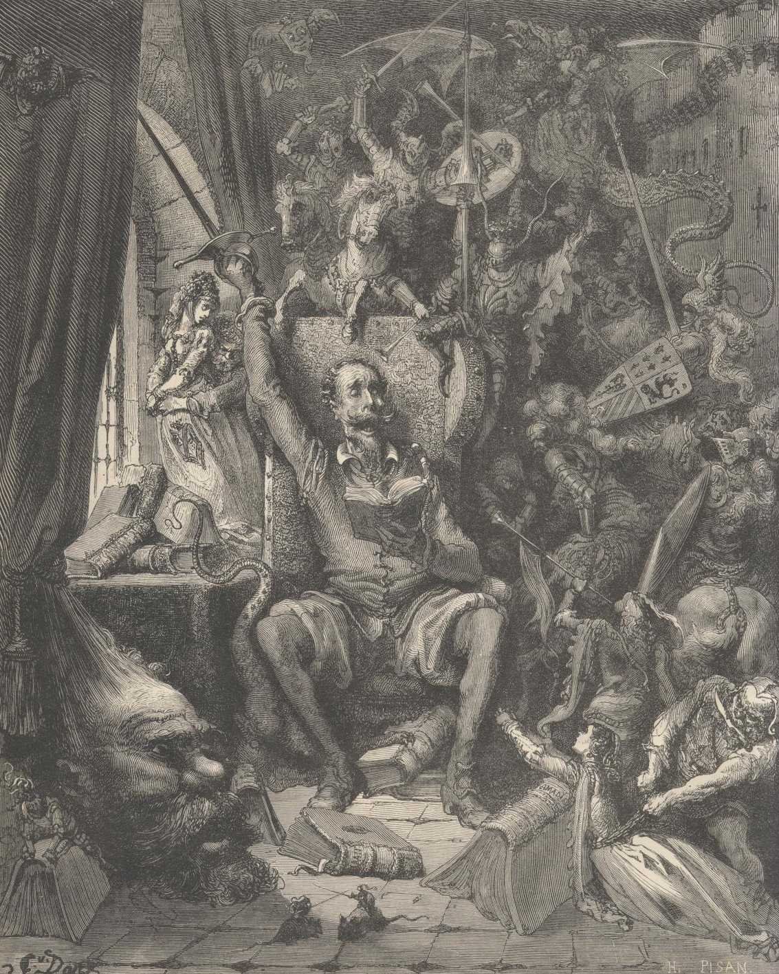 Engraving by Gustave Doré: an old gentleman in his study, sword raised, surrounded by fantastical visions of knights and monsters conjured out of his books of chivalry.