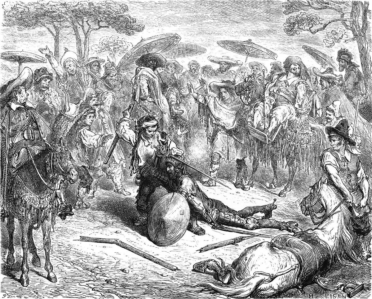 Engraving by Gustave Doré: Don Quixote fallen on the ground being beaten with a lance by a muleteer, silk merchants looking on from horseback.