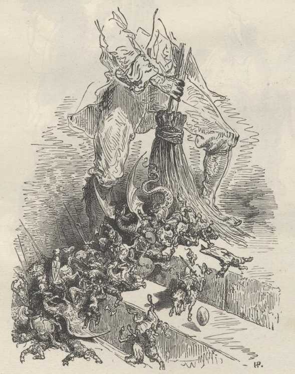 Engraving by Gustave Doré: an allegorical giant broom sweeping away tiny fantastical knights and monsters.