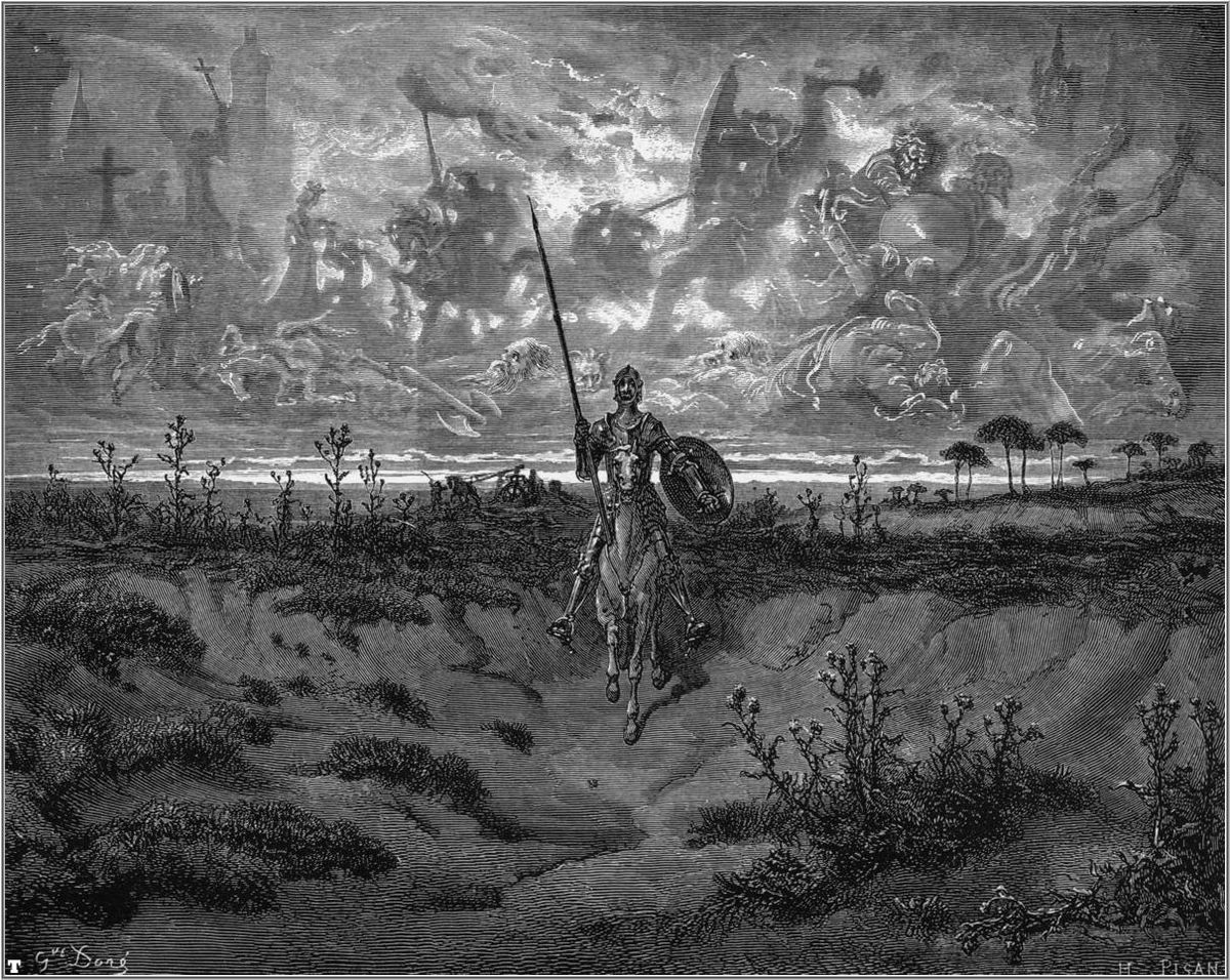 Engraving by Gustave Doré: a lone knight on horseback with a lance, crossing a vast empty plain at dawn under clouds full of chivalric visions.