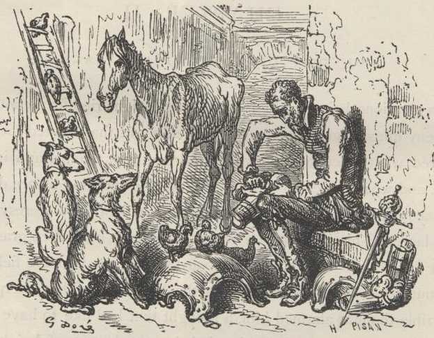 Engraving by Gustave Doré: Don Quixote sitting in a stable handling the pieces of an old suit of armour, his gaunt horse Rocinante standing over him and two dogs and some hens watching.