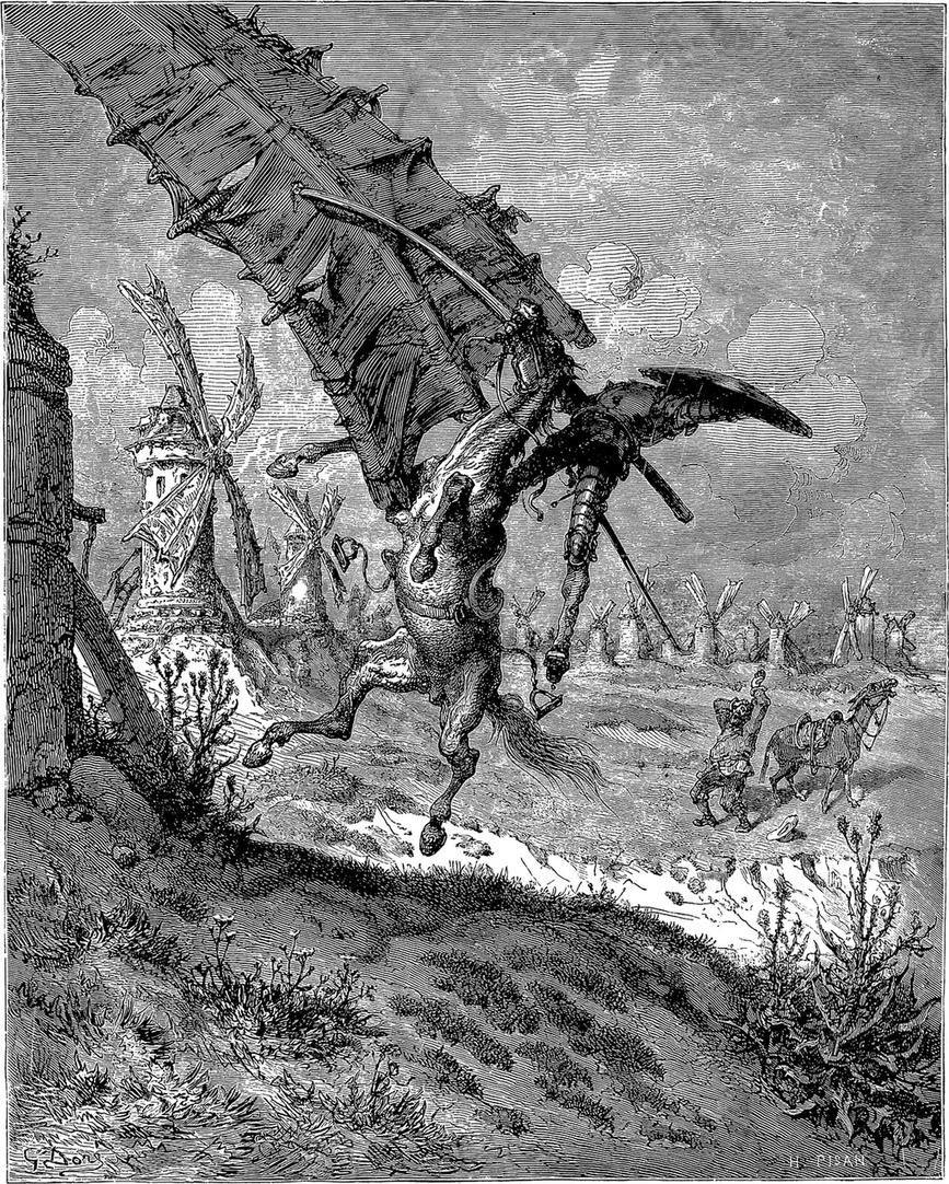 Engraving by Gustave Doré: Don Quixote and his horse flung upside down in the air by a windmill's sail, Sancho Panza watching from his donkey.