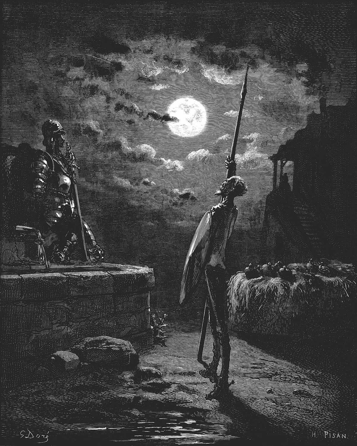 Engraving by Gustave Doré: a knight standing guard at night beside his armour set on a stone trough, under a full moon.