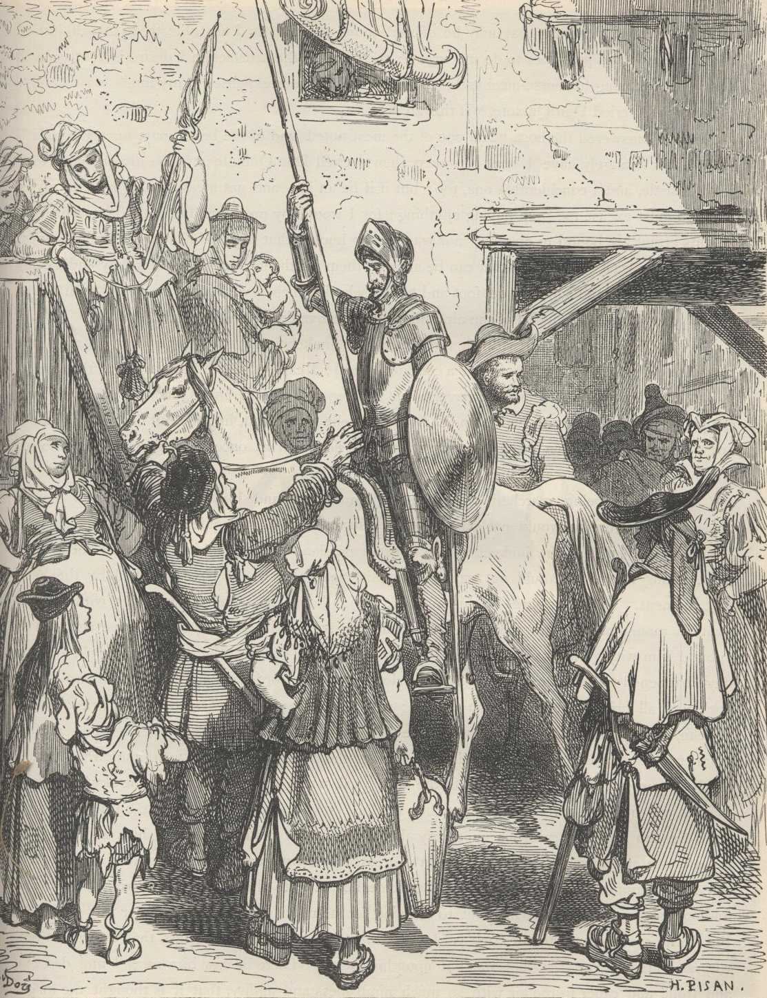 Engraving by Gustave Doré: Don Quixote in armour on horseback with a raised lance, surrounded by a crowd of villagers and women in the courtyard of an inn.