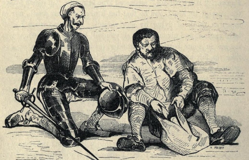 Engraving by Tony Johannot: Don Quixote, still in armour, sits talking with Sancho Panza.