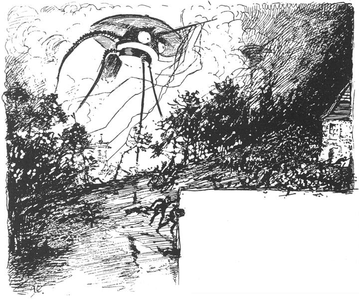 Drawing by Henrique Alvim Corrêa: a Martian machine on three legs striding over the trees.