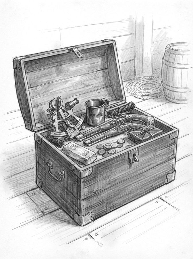 Pencil drawing: the old captain's sea chest, open.
