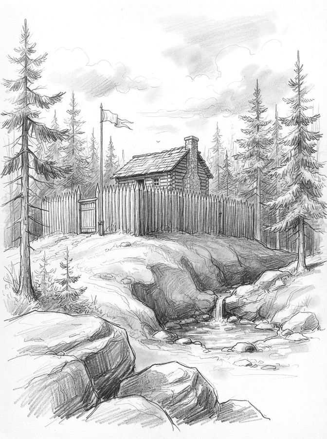 Pencil drawing: the log house inside the stockade.