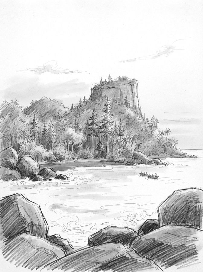 Pencil drawing: the island seen from the sea at dawn.