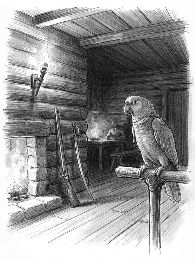 Pencil drawing: the parrot Captain Flint on its perch.