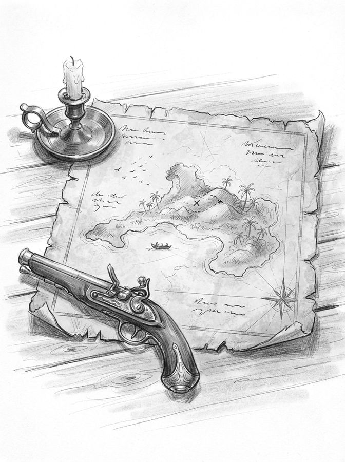 Pencil drawing: Captain Flint's map on a table, held down by a candlestick and a pistol.