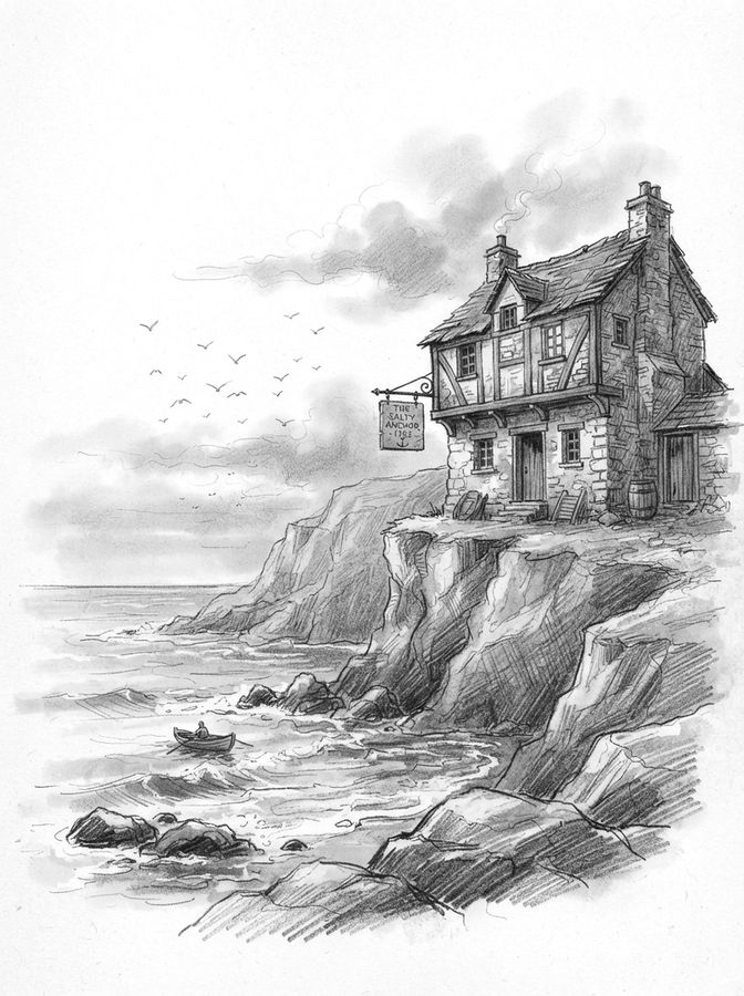 Pencil drawing: the Admiral Benbow inn on a cliff above a rocky cove.