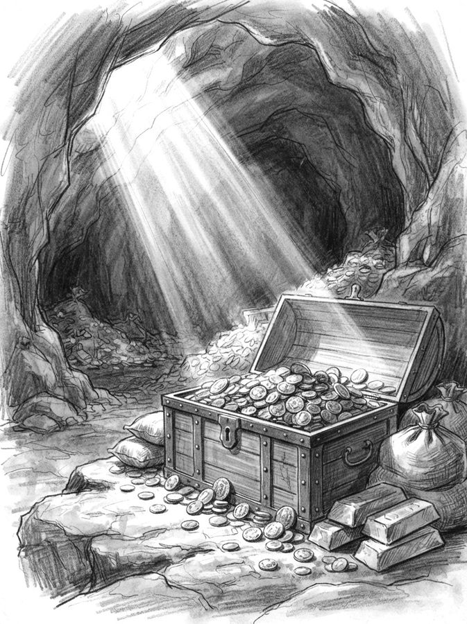Pencil drawing: the treasure in the cave.