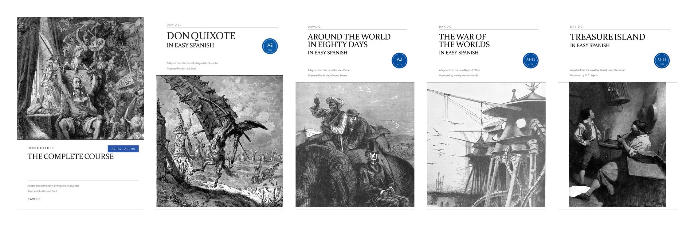 The covers of the complete Don Quixote course and the four graded readers, side by side: Don Quixote, Around the World in Eighty Days, The War of the Worlds and Treasure Island.